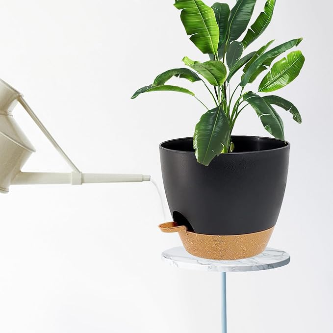 Large Self Watering Planters Plant Pots Outdoor 9/10/12 Inch for All House Plants Black Plastic Flower Pots with Drainage Hole Flower Pots for Indoor Plants Gift Idea for Home Decor