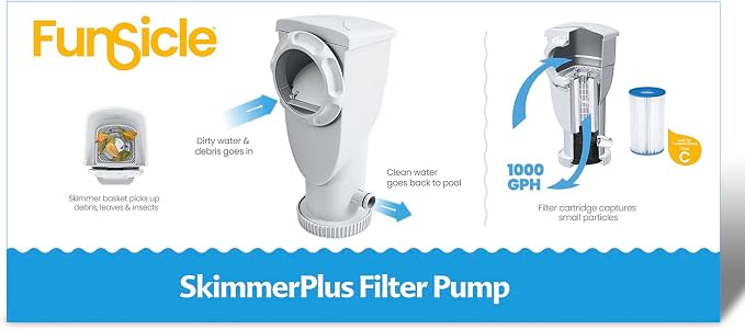 Funsicle SkimmerPlus 1000 GPH 2-in-1 Filter Pump and Skimmer System with Clamps and 1.5" Hose Fitting for Above Ground Swimming Pools | 2-in-1 Filter Pump and Skimmer System for Easy Swimming Pool Cleaning & Maintenance
