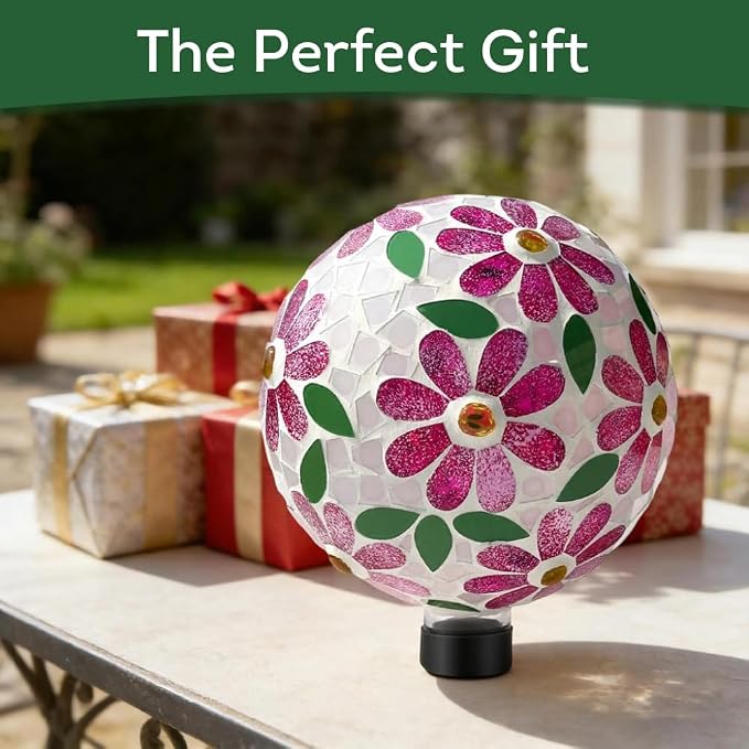 Lily's Home Colorful Mosaic Glass Gazing Ball, Durable Outdoor Reflective Globe - Enhances Yard, Patio, Home Ambiance for Garden Lovers, Vibrant Glass Flower Pattern (10" Diameter)