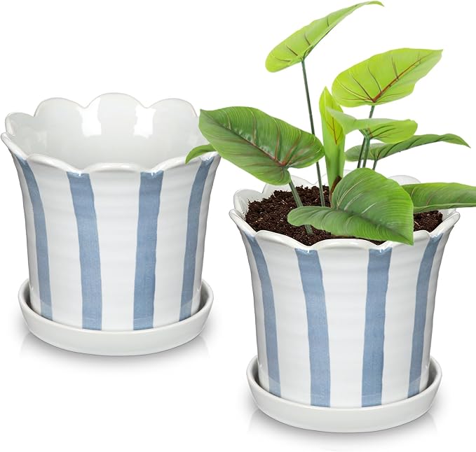 Ceramic Plant Pots, 5.8 Inch Planter Pot with Drainage Hole and Sauser, Stripe Ceramic Planters with Floral Edge for Indoor Succulent Flower Orchid Plants Home Room, Blue