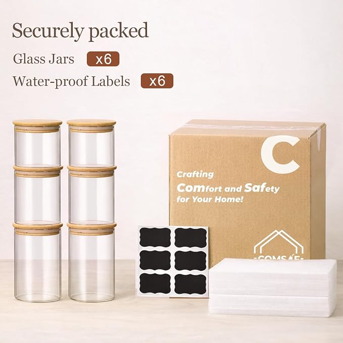 ComSaf Glass Storage Containers with Lids, Set of 6 Jars (0.6Qt/1Qt/1.5Qt) | Glass Pantry Storage Containers , Pantry Organization, BPA Free, Dry Food Storage Jar, Flour Cereal Sugar Tea Coffee Beans