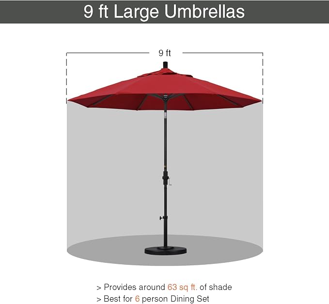 California Umbrella 9' Round Aluminum Outdoor Deck, Pool or Patio Umbrella, Crank Lift, Auto Tilt, Bronze Pole, Red Olefin