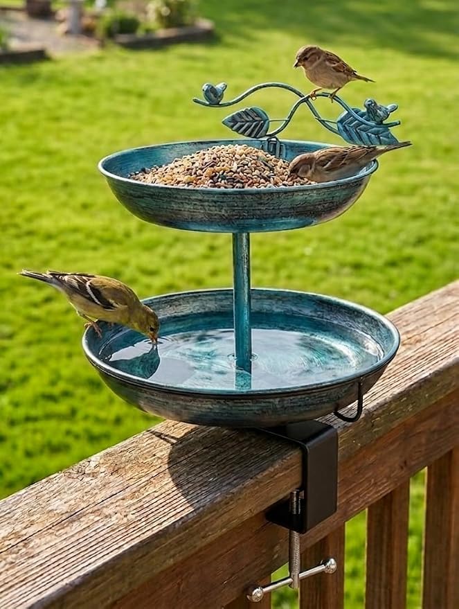 2 in 1 Deck Bird Bath & Feeder for Railing, Metal Birdbath & Birdfeeder with Adjustable Clamp, Detachable Bird Baths Water Bowl, Rustproof Wild Bird Balcony Patio Yard Garden Decor (Lake Blue)