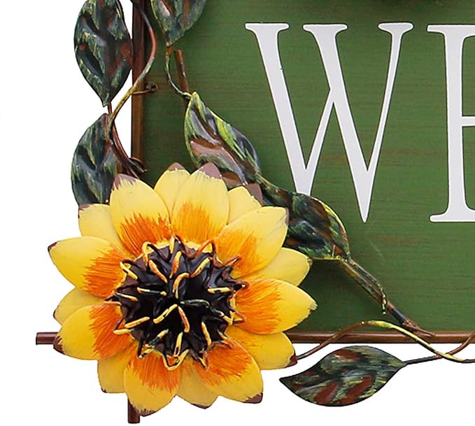 Morning View Metal Sunflower Welcome Sign Hanging Flower Wall Decor Door Sign Decorative Wall Plaque Outdoor Garden Porch Yard Home Decor 16.5X8 Inch