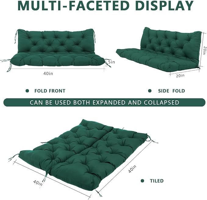 Porch Swing Cushions Waterproof Outdoor Swing Cushions 2-3 Seater Thicken 5" Dark Green Patio Swing Cushion with Backrest 40 ×40" Swing Replacement Cushion for Outdoor Furniture