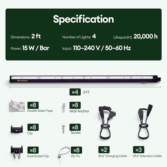 Maygrove Grow Lights for Indoor Plants, Tunable Spectrum 2FT LED Growing Lamp 28W (4 x 15W), T5 Grow Light Strip for Seed Starting, Vegetables, Linkable, Black, 4-Pack