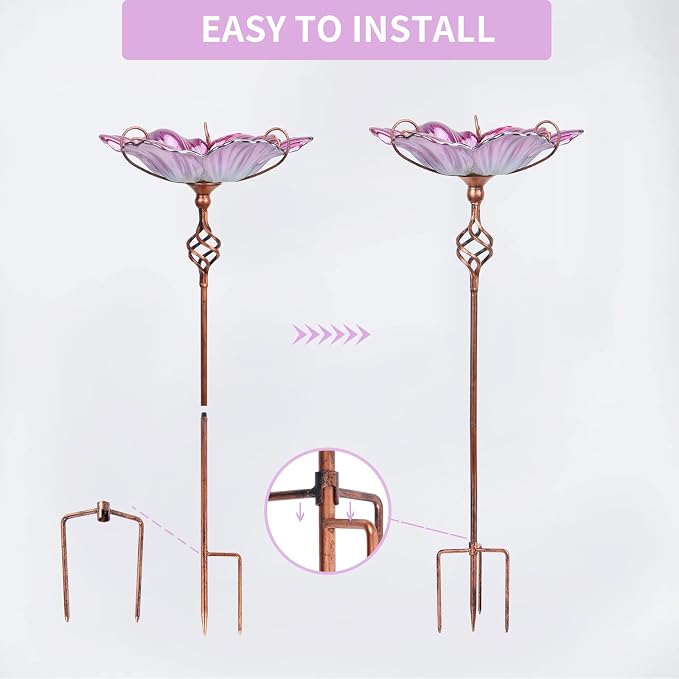 MUMTOP 31 Inch Height Glass Birdbath Birdfeeder with Metal Stake Garden Yard Outdoor Pink