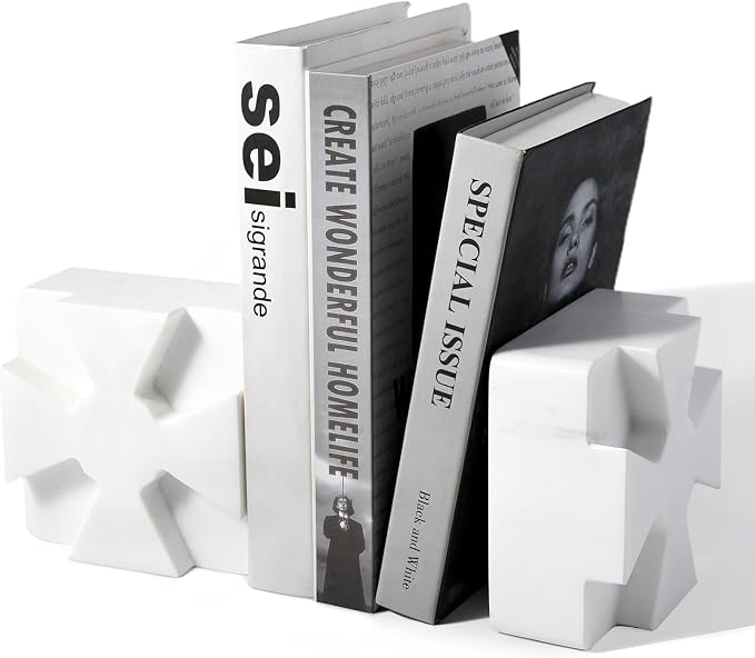 Decorative Square Marble Bookends for Heavy Books – Unique Book Ends for Shelves – Modern Aesthetic Book Holder/Stopper with Non-Slip Pads for Chic Home, Office, or Library Decor, White