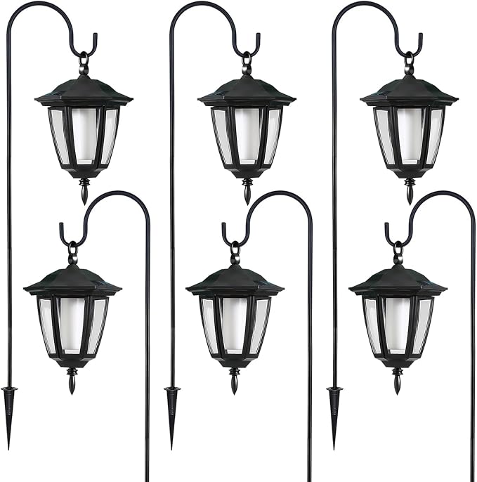 Dynaming 6 Pack Solar Halloween Flame Hanging Lights Outdoor, Flickering Flame LED Garden Lanterns with 4x38 Inch Shepherd Hooks, Landscape Lighting Waterproof for Lawn Yard Pathway Driveway, Purple