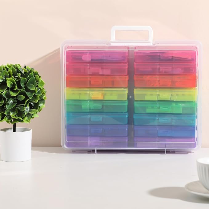 PCA Photo Storage Box 4" x 6" Cases With Handle - 16 Inner Keeper, Large Organizer, Plastic Craft Case for Stickers, Stamps, Jigsaw, Vegetable Seeds