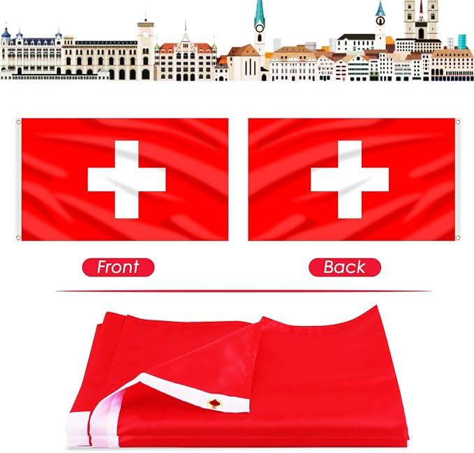 AhfuLife Switzerland Flag 3x5 Ft, Large Switzerland National Flags for Outside - Double Side with Brass Eyelets for Olympic Party Decorations, Bar Garden Street Decoration Indoor Outdoor
