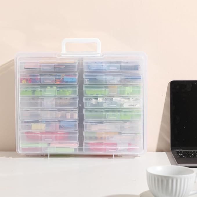 PCA Photo Storage Box 4" x 6" With Handle - 16 Inner Keeper, Large Organizer, Clear Plastic Craft Case for Stickers, Stamps, Jigsaw, Vegetable Seeds