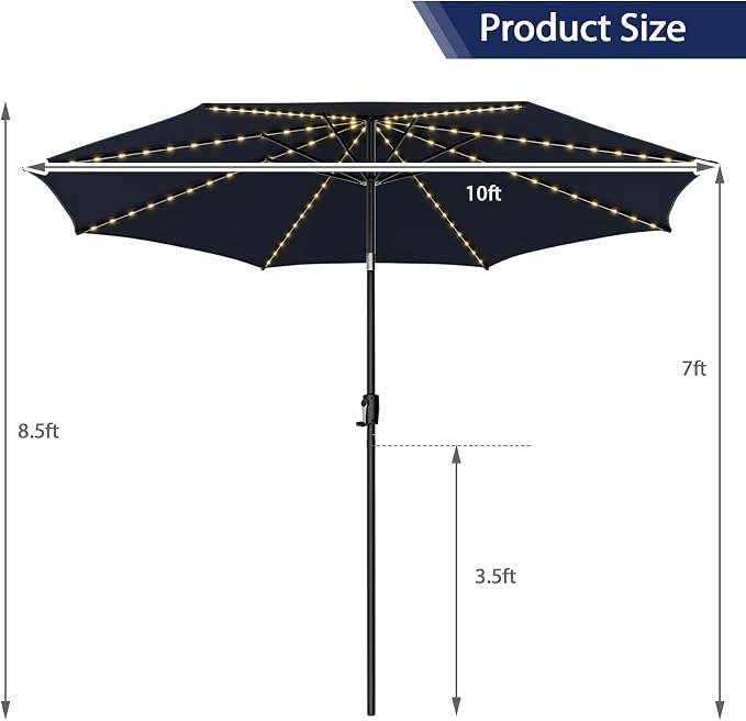 HAPPYGRILL 10 FT Solar Patio Umbrella with 112 LED Light, Outdoor Umbrella with Tilt Adjustment, Crank System, 8 Metal Ribs & Vented Top, Deck Table Market Umbrella for Garden Pool Deck Yard