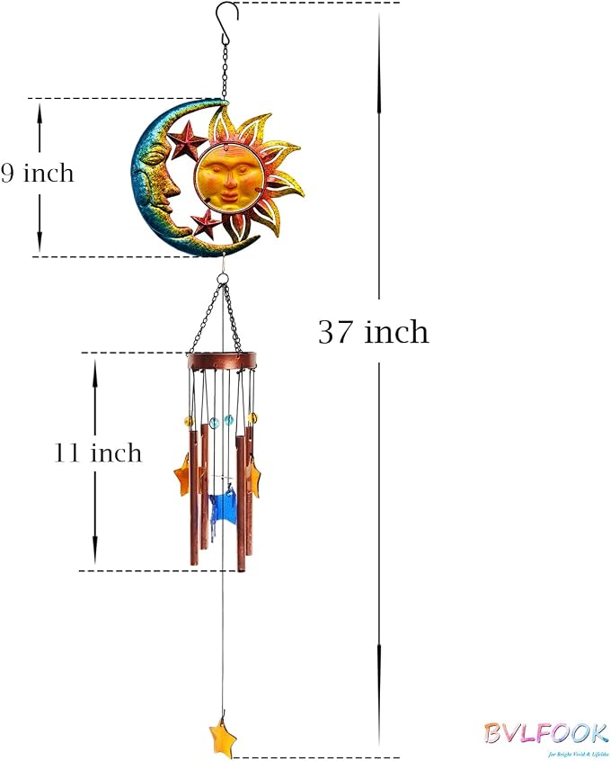 Sun Moon Star Wind Chime for Outside Decoration, with Star Shape Suncatcher | BVLFOOK; Aluminium Tubes; Wind Chimes; Hanging for Porch Patio Balcony Décor; 37 Inch; indoor & outdoor