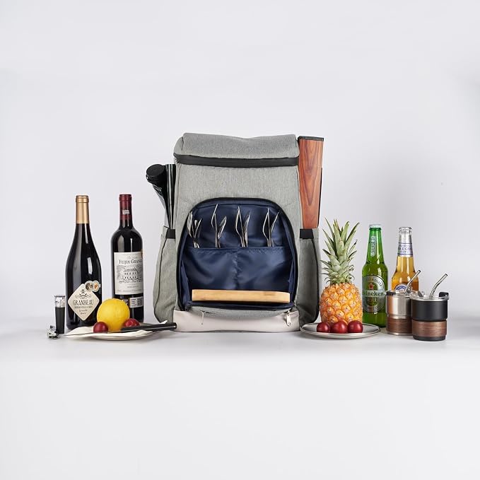 Picnic Backpack Set with Fold Table, Water Bag, Cooler Ice Box & Stainless Steel Utensils - Portable Outdoor Camping Gear for Family Picnics & Hiking (Black, A-4 Person)