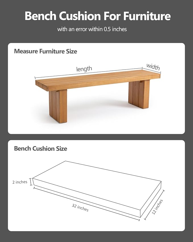 32x12x2 Outdoor Bench Cushion, Strengthen Waterproof Seat Cushions, High-Density Bench Pad with Anti-Slip Bottom, Outdoor Cushion for Patio Garden Swing Furniture - Grey