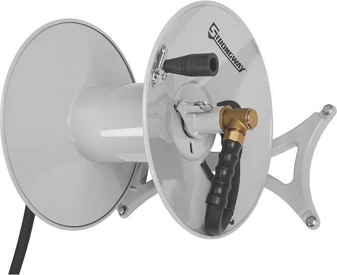 Strongway Wall-Mount Hose Reel, Holds 5/8 in. x 150 ft. Hose, 150 PSI, Parallel or Perpendicular Mount, Left or Right Hand, Brass Fittings, 6 ft. Rubber Lead-In Hose, Mounting Hardware Included
