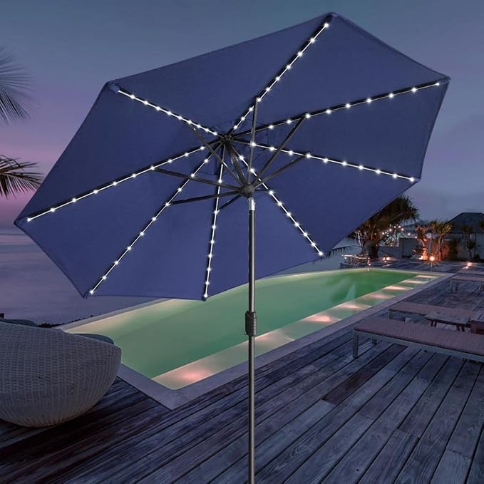 EliteShade USA 10-Year-Non-Fading 9ft Market Patio Umbrella, Commercial Grade Table Sun Umbrella with 80 Solar LED Lights, Crank Open, Windproof & UPF 50+ UV Protection for Garden, Deck, Pool, Backyard, Navy Blue