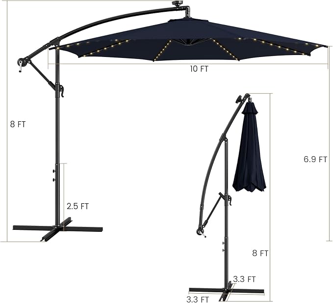 HAPPYGRILL 10FT Cantilever Patio Umbrella with Solar Lights, Outdoor Hanging Offset Umbrella with 112 LED Lights, Tilt Design, Crank Handle, Cross Base Stand for Garden Yard Deck