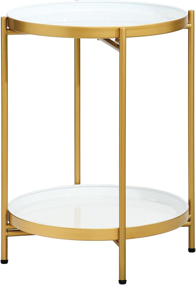 2-Tier Round End Side Table, Small Metal Side Table with Removable Tray, Folding Accent Tables for Living Room, Balcony, Nightstand for Bedroom, Outdoor Tables for Patio, Gold&White