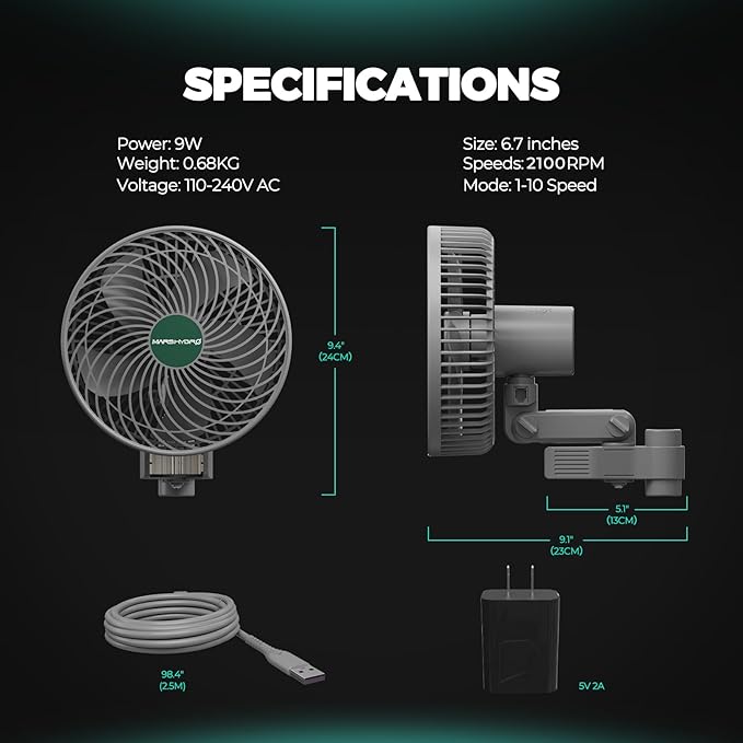 MARS HYDRO 6'' Oscillating Clip-On Grow Tent Fan, 10 Wind Speeds, EC Motor | Weatherproof Plant Fan, Air Circulation Cooling for Hydroponics & Greenhouse, Supports App Control via IControl Controller
