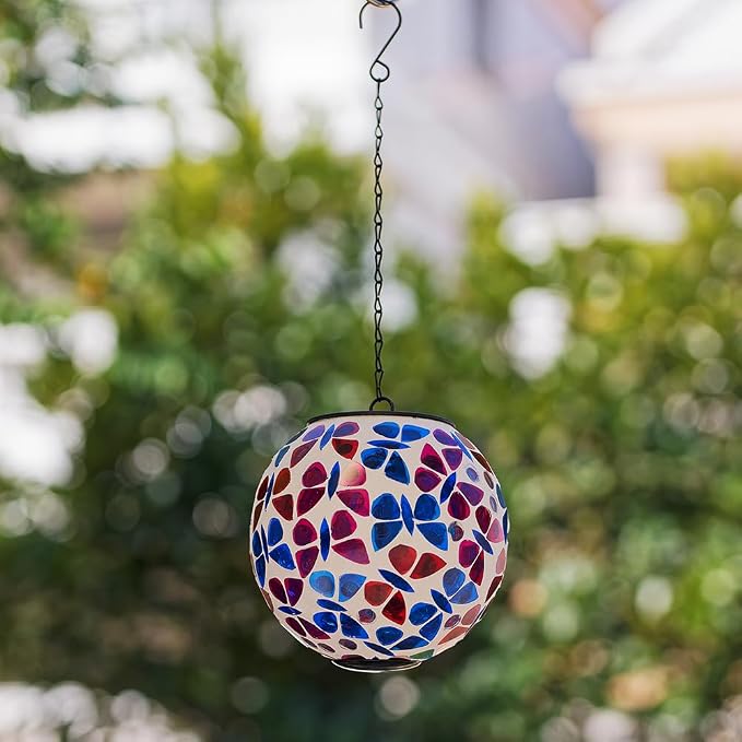 Solar Hanging Lanterns Red Blue Glass Mosaic Gazing Ball Globe Hanging Lantern Lights Outdoor Waterproof for Patio Garden Yard Home Decor (Colorful Butterfly)