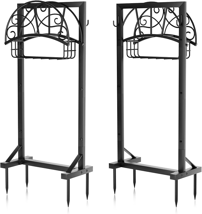 Heavy-Duty Garden Hose Holder with Storage Basket and Tool Hooks, Stable Freestanding Hose Stand Holds 160Ft, Metal Hose Hanger, Rustproof Water Hose Holder Storage for Outside,Yard,Lawn,Farm
