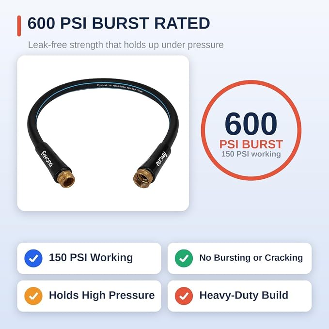 FEVONE 3 ft Lead-in Garden Hose, Leader Hose for Hose Reel | Hybrid Polymer, Flexible, Heavy Duty Water Hose, 5/8 ID, 600 PSI, Leak-Proof, Solid Brass 3/4 GHT Connectors