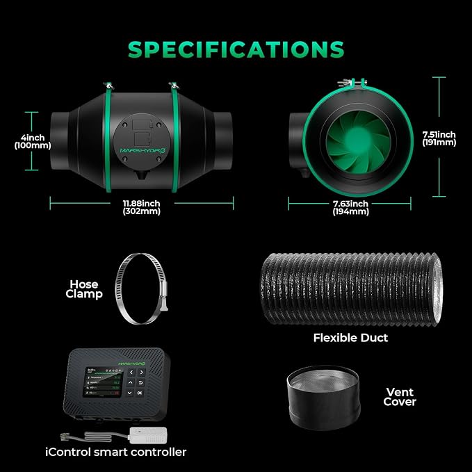 MARS HYDRO 4" Grow Tent Exhaust Fan kit with T&H iControl Controller | Air Filtration, App Remote Control,Ventilation System with Inline Fan,Carbon Filter,13ft Ducting