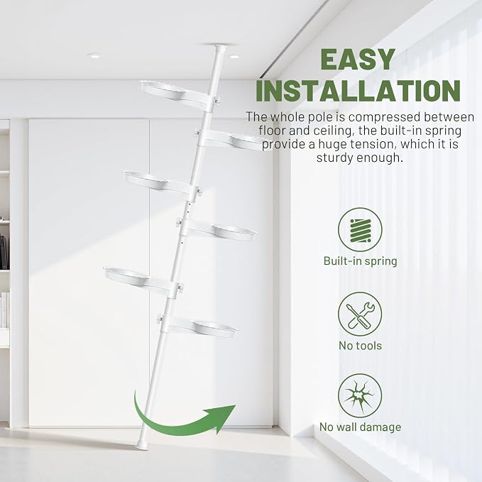 Tension Rod Plant Stand, Plant Poles for Hanging Plants Indoor, 6 Tier Tension Pole Plant Hanger, Floor to Ceiling Plant Pole with 6 Trays Hanging Plant Stand (White)