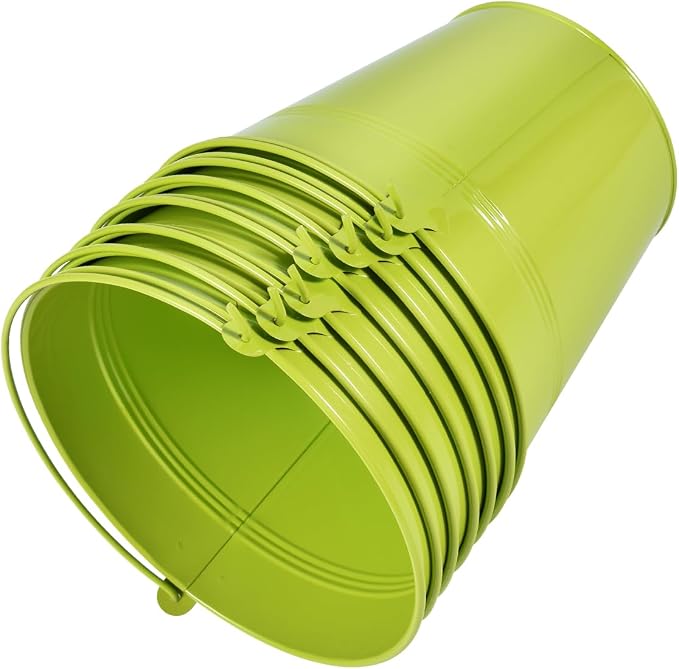 OBTANIM 7 Pack Green Metal Buckets with Handle Galvanized Ice Pails for Plants, Succulents, Party Favors Organizing, Rustic Home Decor or Classrooms Pencil Storage (6 x 4.4 inch)