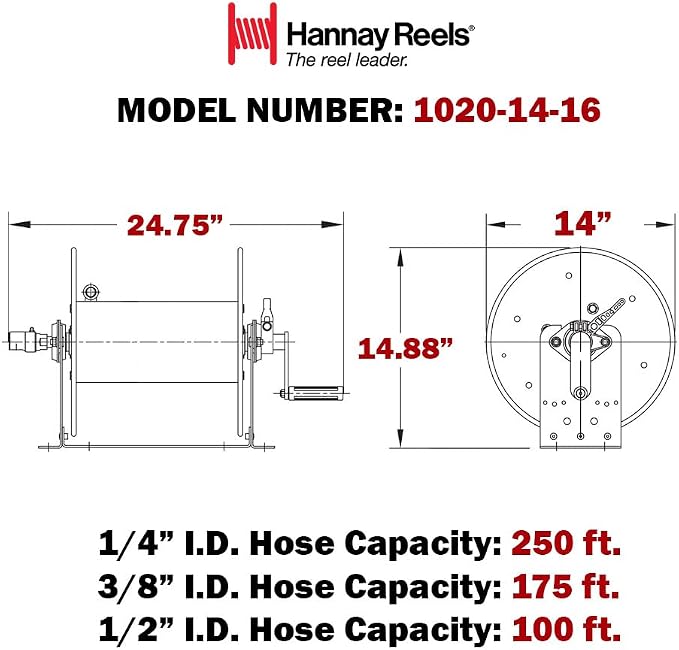 Hannay Reels 1020-14-16 Series 1000 Manual Hand Crank Rewind Hose Reel, 1/2" x 100' Hose Capacity, 3000 PSI, Heavy Gauge Steel, Graphite Color Paint, Made in USA