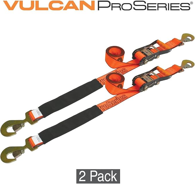 VULCAN Car Tie Down with Flat Snap Hook Ratchet - Snap Hook - 2 Inch x 96 Inch - 2 Pack - PROSeries - 3,300 Pound Safe Working Load