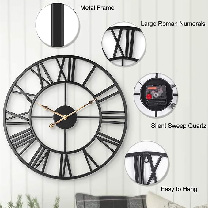 Large Industrial Wall Clock with Roman Numerals, Indoor Silent Non-Ticking Retro Clock, Vintage Metal Decorative Black Metal Art Clock Battery Operated for Home Kitchen Cafe Hotel Office Decor,1