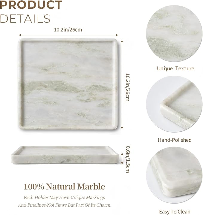 Real Natural Marble Tray 10.2in Square Solid Stone Decorative Plate | Luxury White Marble Decor Tray for Candle, Jewelry, Plant. Food-Safe Solid Stone Serving Dish with Unique Veining
