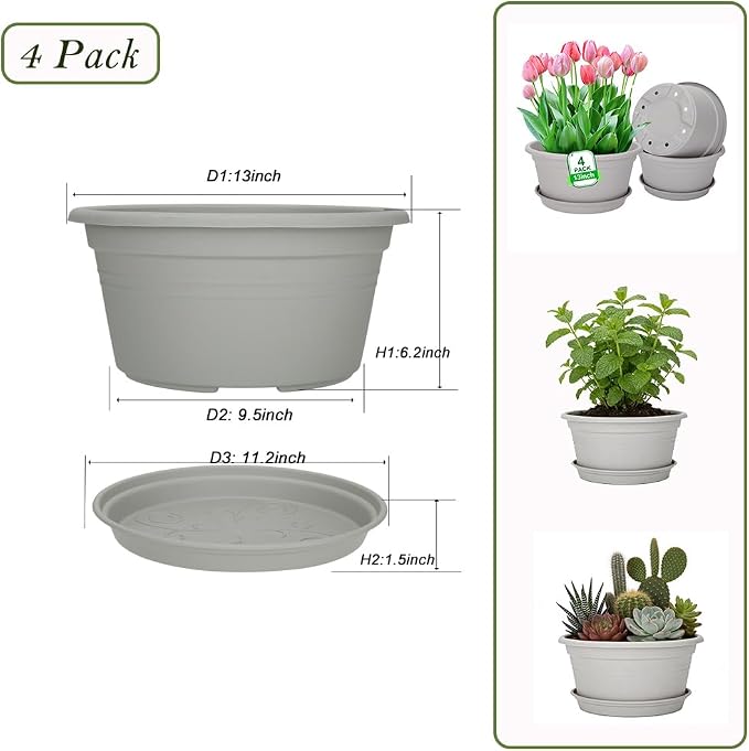 MRPAPA Round Plastic Pots for Plants, Outdoor Planters with Drainage Hole & Tray Saucer, Decoration Large Flower Pots for Indoor Outdoor Garden Home Plants (4, Gray White, 13 Inch)