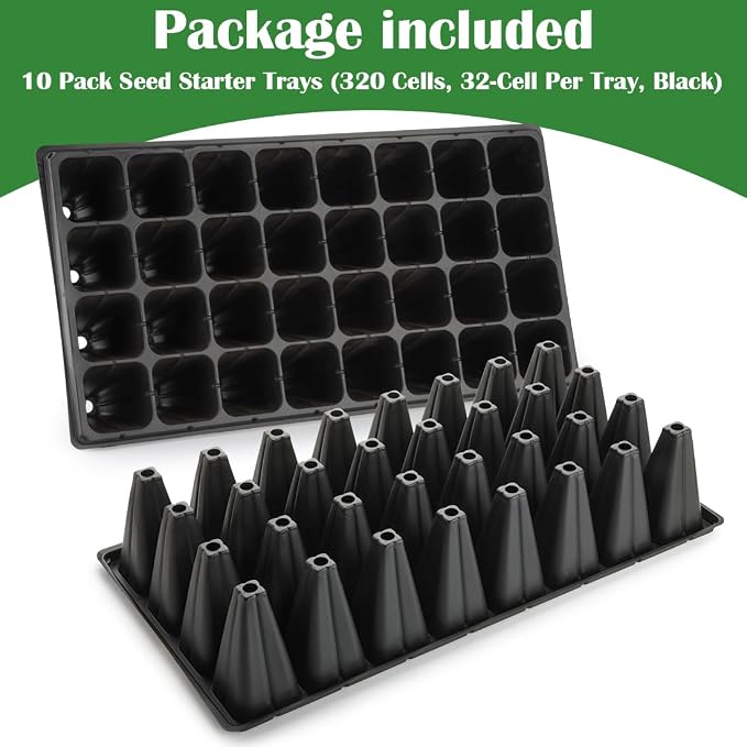 RooTrimmer 10 Pack 32 Cell Seed Starter Trays - Extra Deep 4.33" Plastic Nursery Trays, 20" x 10",Fits Standard 1020 Flats
