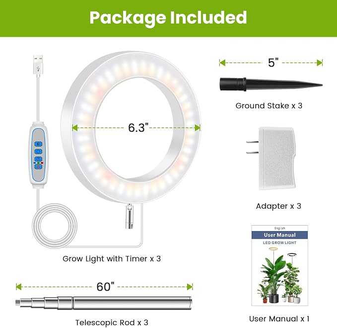 Kullsinss White Grow Light, Full Spectrum LED Plant Lighs for Indoor Growing with 6/12/16H Timer, 3 Color Modes, 5 Brightness, 10"-60" Height Adjustable Plant Lamp for Tall Indoor Plants (3 Pack)
