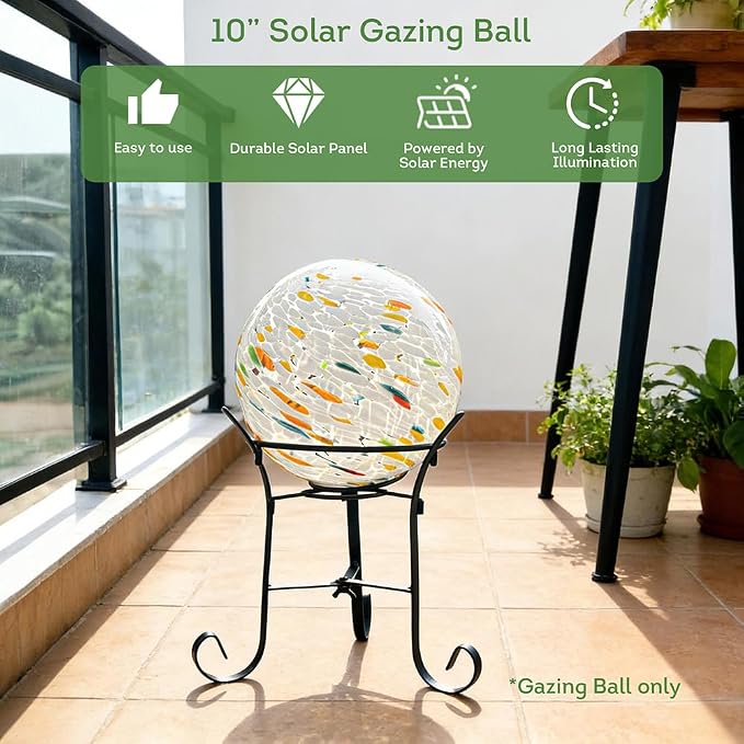 Lily's Home Gazing Ball - 7.68" Glass Globe with Solar Powered Lights - Outdoor Solar Lights for Yard & Patio - Garden Decor - Automatic On/Off Photosensitive Switch - White