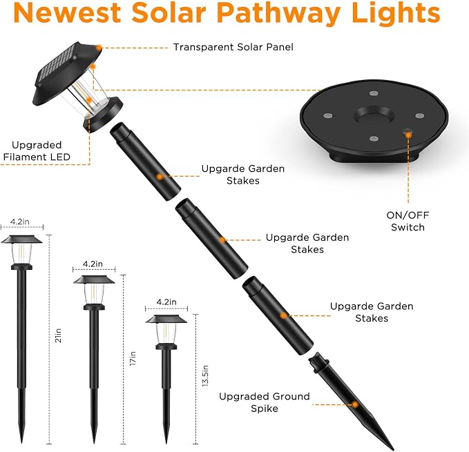 Solar Pathway Lights Outdoor - 10 Pack Solar Powered Garden Lights Waterproof IP65, Decor Landscape Lighting with Three Lighting Modes for Yard, Lawn, Walkway, Driveway, Warm White