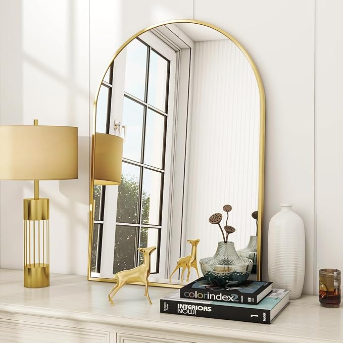 Arched Wall Mirror, 26 x 41 inch Arch Bathroom Mirror, Wall Mounted Vanity Mirror with Arch Metal Frame, Modern Bathroom Vanity Mirror for Bedroom, Living Room, Hanging or Leaning, Gold