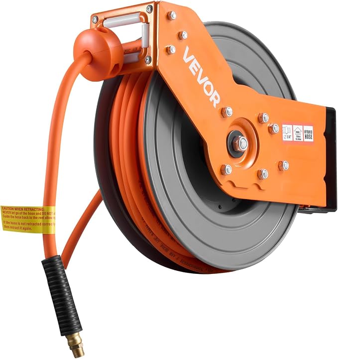 VEVOR Retractable Air Hose Reel, 3/8 Inch x 50 FT Hybrid Air Hose Max 300PSI, Auto Rewind Air-Compressor Hoses Reel with 5 ft Lead in, 180° Swivel Ceiling/Wall Mount for Garage Workshops