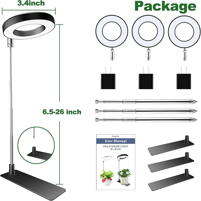 Aokrean Plant Grow Light, 48 LEDs Full Spectrum Grow Lights for Indoor Plants, Height Adjustable Small Halo Grow Light with Base, 3 Optional Spectrums, Auto Timer 3/9/12Hrs, 10 Brightness, 3 Pack