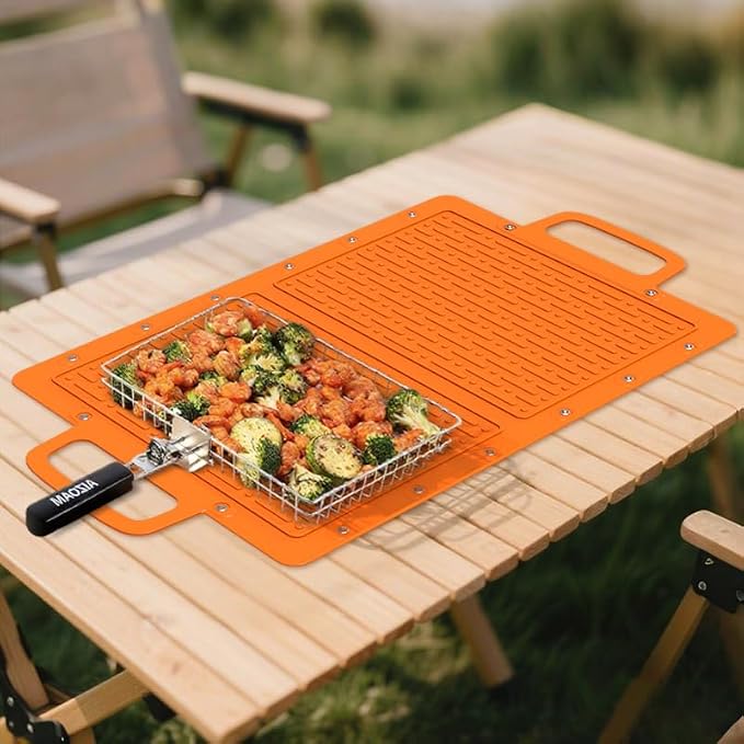 Large Silicone Grill Mat, Heat Resistant Non-Slip BBQ Mat, Foldable Grill Side Shelf Pad with Snap Buttons, Food-Grade, Convertible Storage Bag for BBQ Utensils & Accessories, Orange
