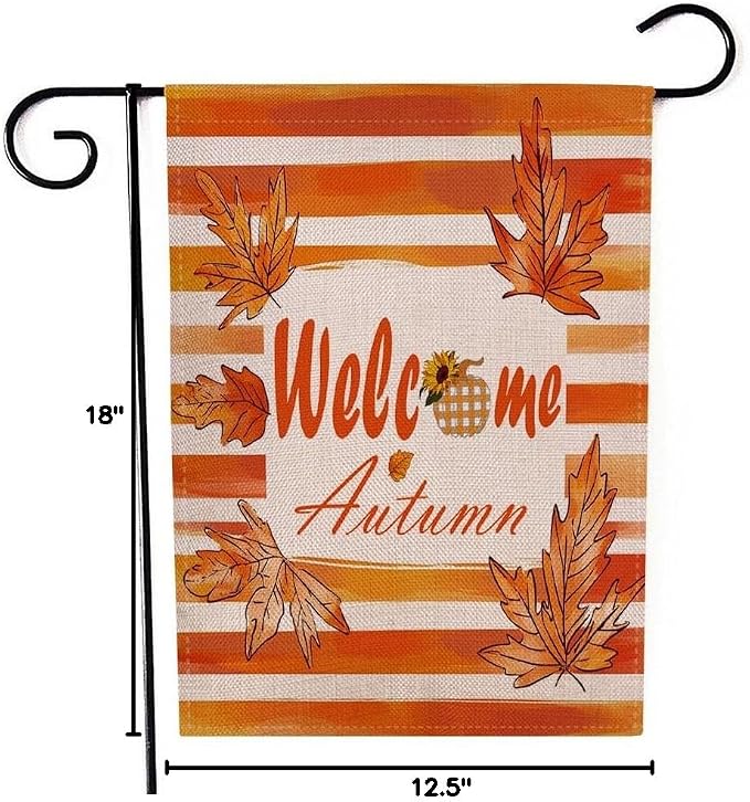 EMMTEEY Welcome Garden Flag Fall Leaf 12.5X18 Double-Sided, Seasonal Yard Flags Welcome Autumn Small Burlap Garden Flags for Outside Front/Back Door