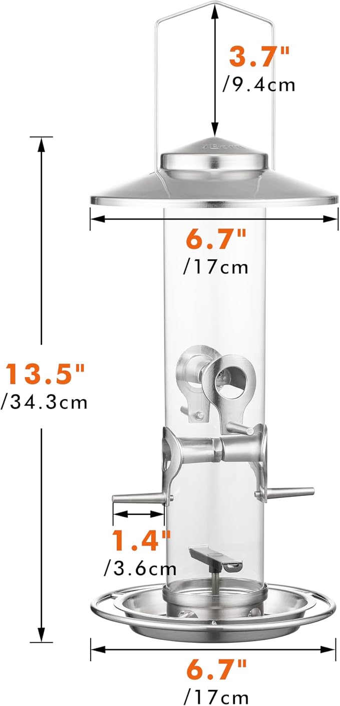 iBorn Metal Bird Feeder for Outside Hanging,Wild Bird Feeders for Cardinal,17cm Large Roof&Nickle,35CM Long,2lb Capacity 8 Ports (Seed is not Included)