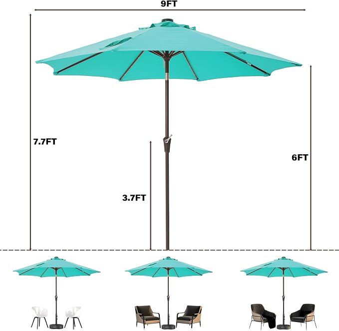 9FT Solar-Powered LED Patio Umbrella with Tilt Crank,Outdoor Market Umbrella with 32 Lights,Sunshade for Deck, Garden and Pool