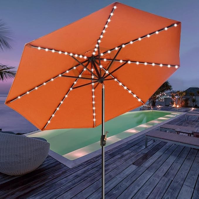 EliteShade USA 10-Year-Non-Fading 9ft Market Patio Umbrella, Commercial Grade Table Sun Umbrella with 80 Solar LED Lights, Crank Open, Windproof & UPF 50+ UV Protection for Garden, Deck, Pool, Backyard, Rust