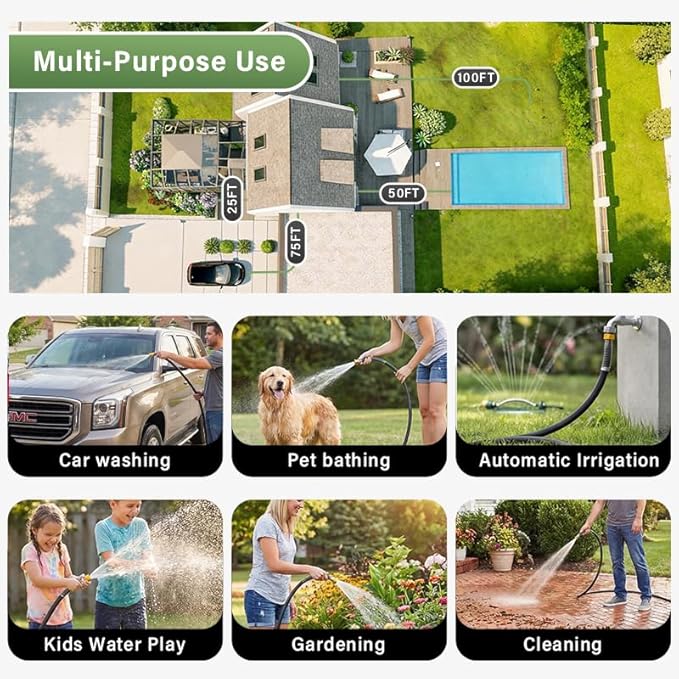 Garden Hose 5/8" x 50ft 4-Layer Heavy Duty Hose with 800 PSI Burst Pressure – Kink Resistant Flexible All-Weather Outdoor Hose for Yard Car Wash Pets Black