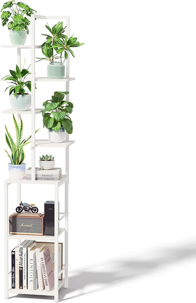 Plant Stand Indoor with Grow Light, 7-Tiered Tall Plant Stand Indoor, Metal Plant Shelf with Bookshelf Bookcase and Adjustable Light, Ideal for Living Room, Reading room, Garden, Patio (white)